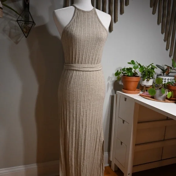anthropologie beige dress By Anthropologie Dress Womens XS Beige Ribbed Midi Bodycon Slit Off Shoulder Tan